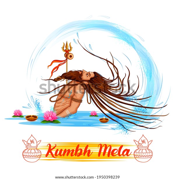 illustration of Sadhu saint of India for grand\
festival and Hindi text Kumbh\
Mela