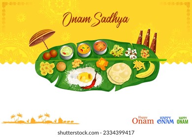 ilustración de la fiesta de Sadya sobre la hoja de plátano en la celebración del festival Happy Onam del sur de India Kerala