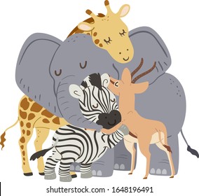 Illustration Of Safari Animals From Elephant, Giraffe, Zebra And Gazelle In A Group Hug