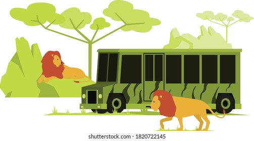 Illustration of safari bus moving around safari park side