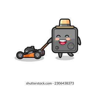 illustration of the safe box character using lawn mower , cute style design for t shirt, sticker, logo element