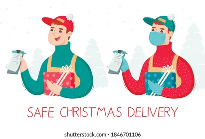 Illustration of safe christmas delivery masked delivery man