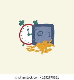 Illustration of a safe with money. Cartoon picture with gold coins, a watch and a safe. In the circle of jungle and nature coins. The concept of financial security in a safe and time. Money and