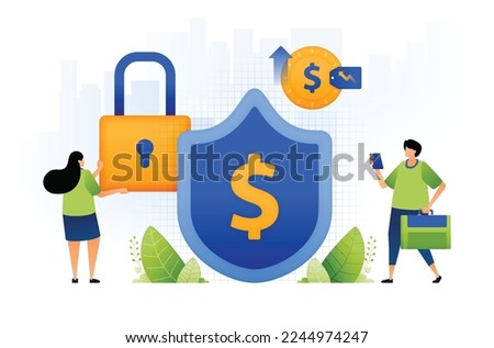 illustration of safe and protected financial system. people develop networked financial system more protected with dollar sign in shield. can be used for web, website, posters, apps, brochures