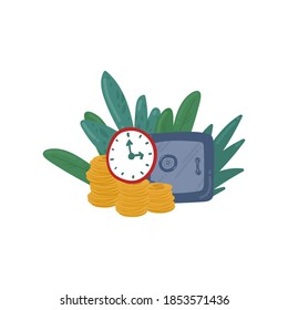 Illustration des Safes. Vektorbild mit Goldmünzen und geschlossenem Safe. Im Kreis der Dschungel- und Naturmünzen. Das Konzept der finanziellen Sicherheit. Geld im Tresor ist sicher. Im Doodle gezeichnet