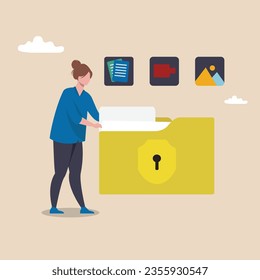 Illustration of safety computer file folder symbols with documents design. Characters using Cyber Security Services to Protect Personal Data. 