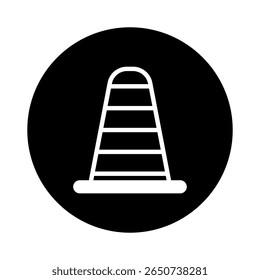 Illustration of a safety cone inside a black circle on a white background road construction symbol