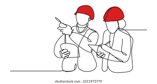 The Illustration of safety construction workers with single line style. Which is made by hand drawn with single line. This line art can be use for advertisement, logo, icon, etc.