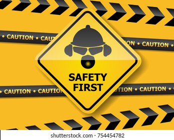 illustration of safety first with helmet, glass, ear muff and mask on yellow wall vector background