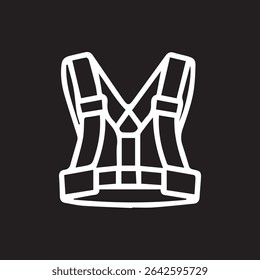 An illustration of a safety vest shown in white outline on a black background. Essential safety equipment for construction and hazardous environments.