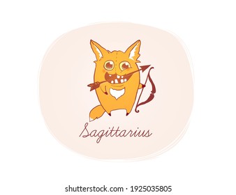 Illustration of Saggitarius as a fox with bow and arrows. Cartoon style. Zodiac vector illustration for kids. One of 12  in collection for your design of astrology calendar or horoscope