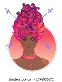 Ilustración de la señal astrológica de Sagittarius como una hermosa niña afroamericana. Ilustración del vector zodiaco aislada en blanco. Futuro narrativo, horóscopo, alquimia, espiritualidad, mujer negra de moda.