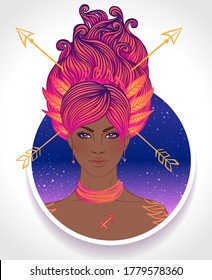 Illustration of Sagittarius astrological sign as a beautiful African American girl. Zodiac vector illustration isolated on white. Future telling, horoscope, alchemy, spirituality, fashion black woman.