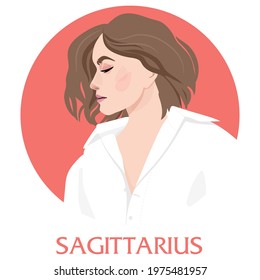 Illustration of Sagittarius astrological sign as a beautiful girls. Zodiac vector illustration isolated on white. Future telling, horoscope, alchemy, spirituality, occultism, fashion woman.