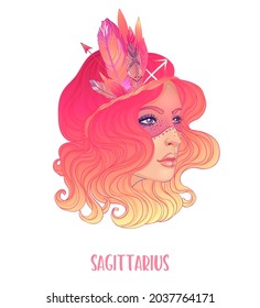 Ilustración del signo astrológico sagitario como una chica hermosa. Ilustración del vector zodiaco aislada en blanco. Futuro, horóscopo, alquimia, espiritualidad, ocultismo, mujer de la moda.