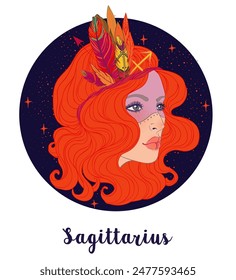 Ilustración del signo astrológico de Sagitario como una chica hermosa. Ilustración vectorial del zodíaco aislado en blanco. Futura narración, horóscopo