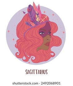 Illustration of Sagittarius astrological sign as a beautiful African American girl. Zodiac vector illustration isolated on white. Future telling, horoscope, fashion black woman.