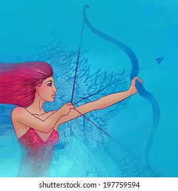 Illustration of sagittarius zodiac sign as a beautiful girl pulling the string of her bow