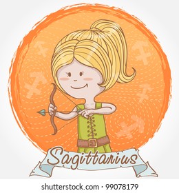Illustration of Sagittarius zodiac sign in cute cartoon style as an archer girl with bow and arrow