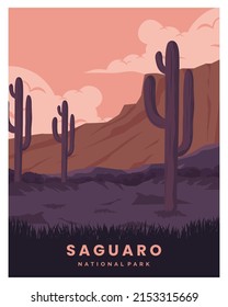 Illustration of Saguaro National Park in Arizona landscape background.