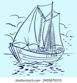 Illustration of Sai boat in the sea vector for illustration, card, decoration