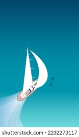 Illustration of a sail boat with big white sails sailing comfortably in the clear blue sea with dolphins