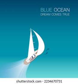 Illustration of a sail boat with big white sails sailing comfortably in the clear blue sea with dolphins