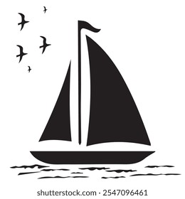 Illustration of a sailboat, sailboat and birds 