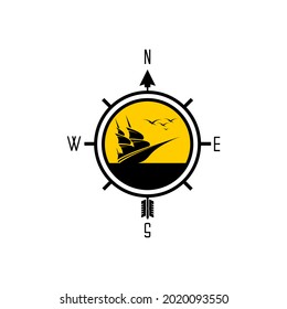 illustration of a sailboat in the ocean and a compass