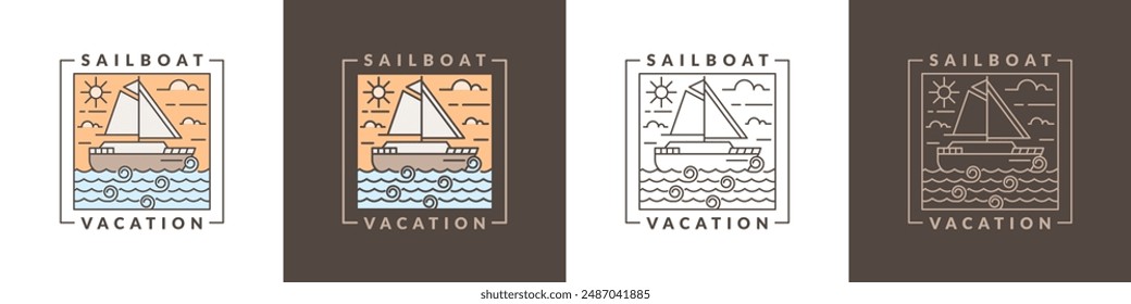 illustration of sailboat and ocean monoline or line art style vector