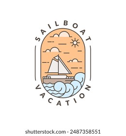 illustration of sailboat and ocean monoline or line art style