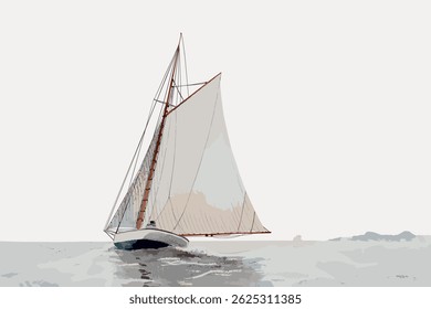Illustration of a sailboat on calm waters. The sailboat features large sails and a sleek design. The sailboat is depicted in a minimalist style. Vintage art illustration vector.