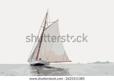Illustration of a sailboat on calm waters. The sailboat features large sails and a sleek design. The sailboat is depicted in a minimalist style. Vintage art illustration vector.