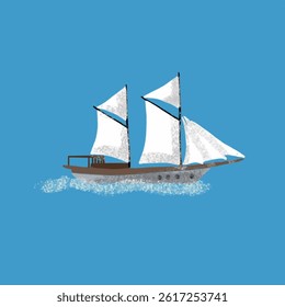 Illustration of a Sailboat on the Ocean With Blue Background