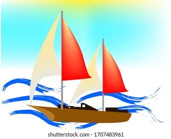 illustration of a sailboat on the water, with white-red and sailing, on a white background