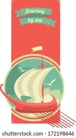 illustration sailboat sailing is inside the circle on the card in retro style