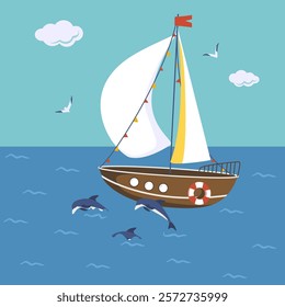 Illustration with a sailboat in the sea. Vector illustration, simple cartoon style