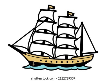Illustration of sailboat or ship. Marine or nautical image for travel or trip.