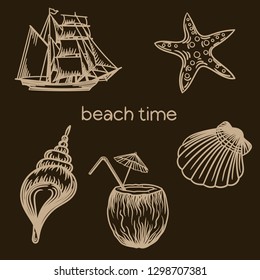 Illustration with sailboat, starfish, seashells and coconut cocktail.