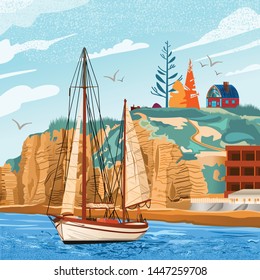 Illustration of sailboats on the beach with cliffs and buildings. Landscape illustration