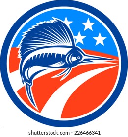 Illustration of a sailfish fish jumping viewed from the side with american stars and stripes flag in the background set inside circle done in retro style.