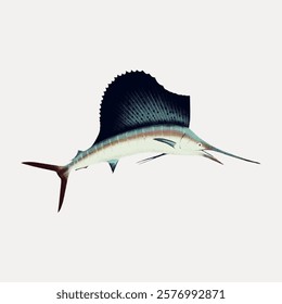 Illustration of a sailfish with a long bill and large dorsal fin. The sailfish is depicted in a side view, showcasing its sleek body and distinctive features. Isolated vintage vector element.