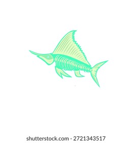 Ilustración de un pez vela en un estilo de línea simple. El color es predominantemente verde claro o neón. 