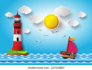 illustration  of sailing boat and lighthouse .paper art style.