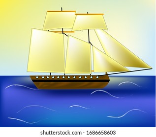 Illustration eines Segelbootfahrers mit Segelbooten, Rundportholen, Balken, blaues Meer, Wellen, blauer Himmel, Sonnenstrahlen