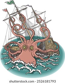 An illustration of a sailing ship being attacked by a giant octopus.