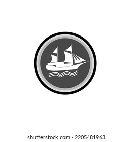 an illustration of a sailing ship logo framed in a circle in solid color