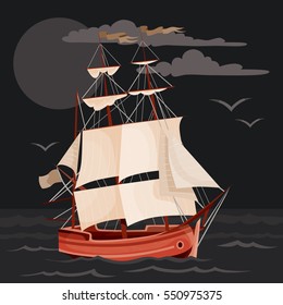 illustration of a sailing ship in the night sea