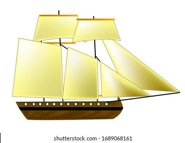 illustration of a sailing ship, with open sails, isolated, brown hull, round windows on a white background