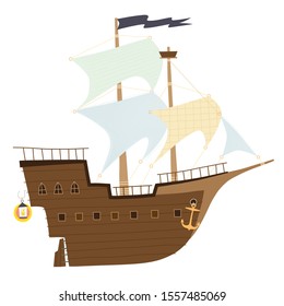 Illustration with a sailing ship in Scandinavian style on a white background. 